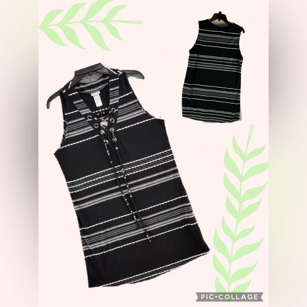 DOTTI Swim Cover-Up or mini lace up front dress black white stripes Size L EUC